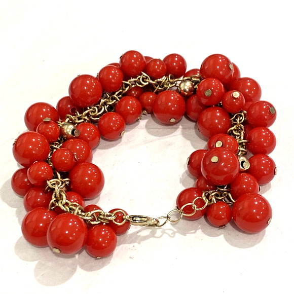 Gold chain bracelet covered with red beads beaded dangles retro bright fashion - Picture 2 of 6